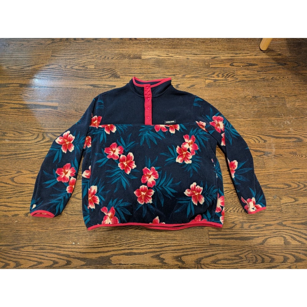 Lands End Fleece Pullover Sweatshirt Hawaiian Floral Girls Size L 14-16 Top